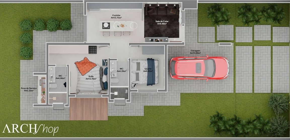 Planta de Casa Com 80m², Cozinha Americana e 2 Dormitórios