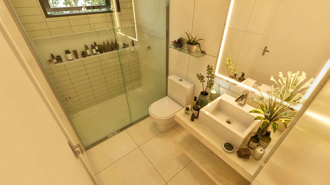 Banheiro em tons neutros com revestimento claro