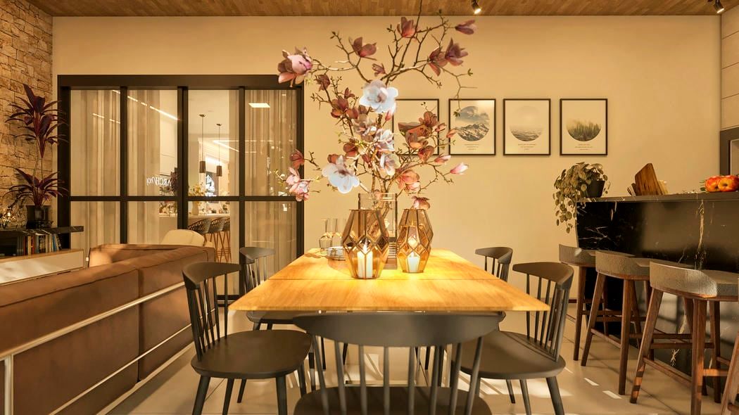 Área gourmet integrada ao lazer com detalhes rústicos