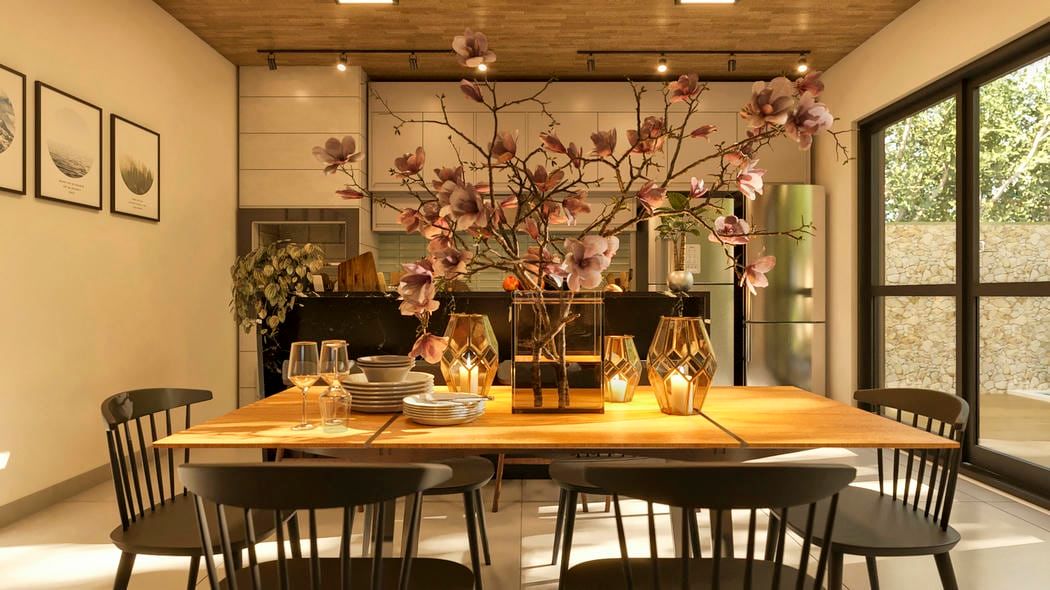 Área gourmet integrada ao lazer com detalhes rústicos