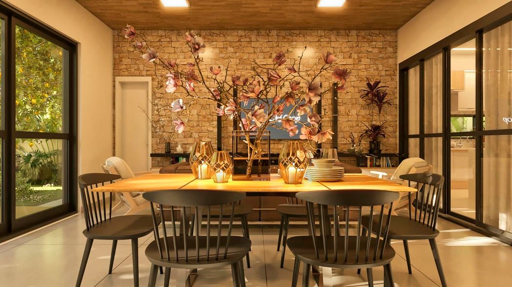 Área gourmet integrada ao lazer com detalhes rústicos