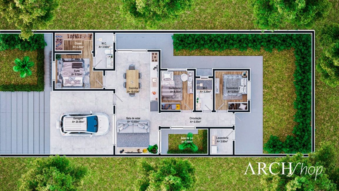 Projeto Pronto de Casa Térrea Com 3 Quartos e área de luz