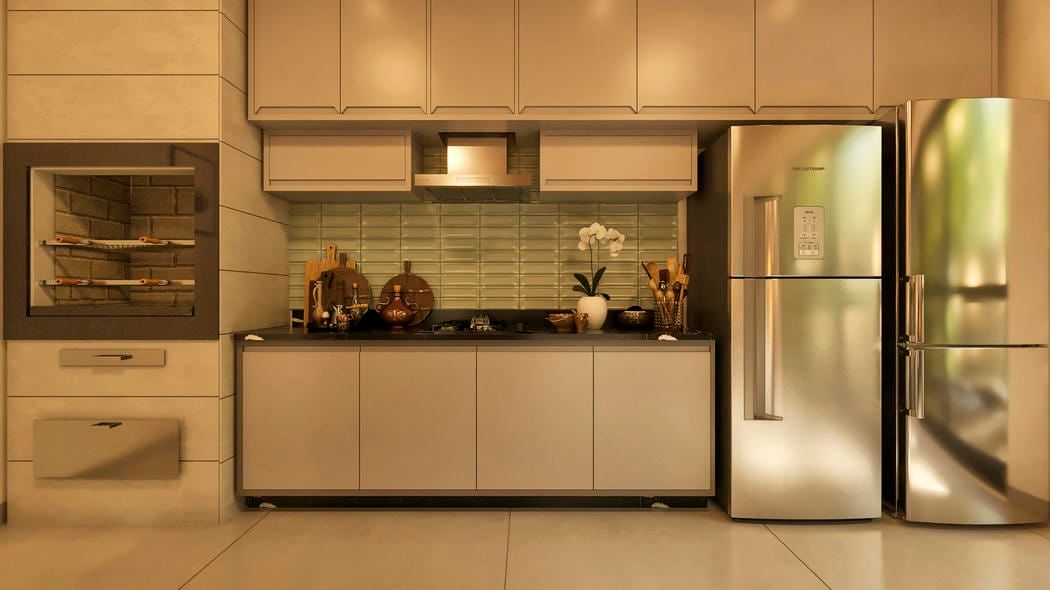 Área gourmet integrada ao lazer com detalhes rústicos