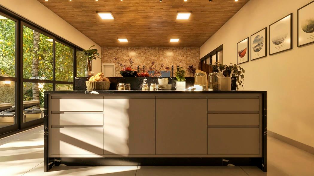 Área gourmet integrada ao lazer com detalhes rústicos