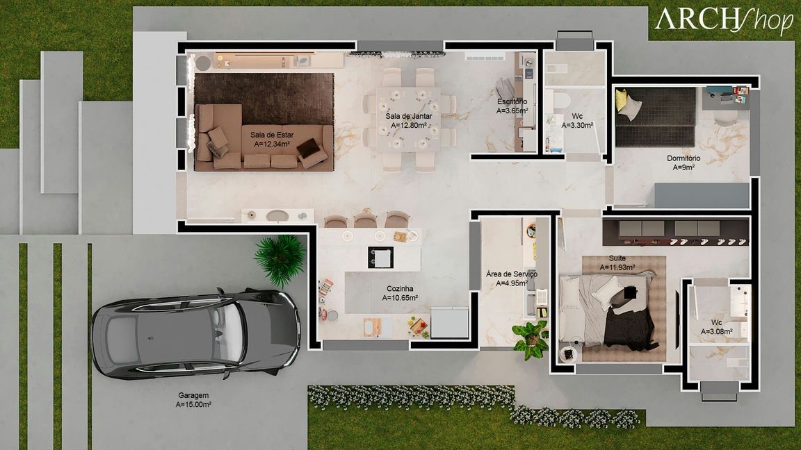 Projeto de Casa Térrea Com Conceito Aberto e 2 Quartos