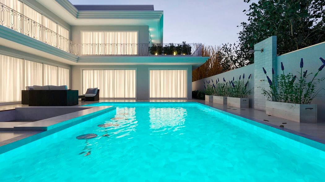 piscina com banquetas noite