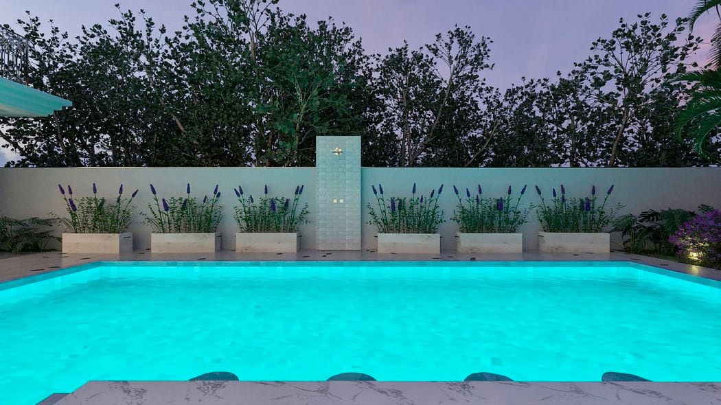 vista noturna piscina e ducha