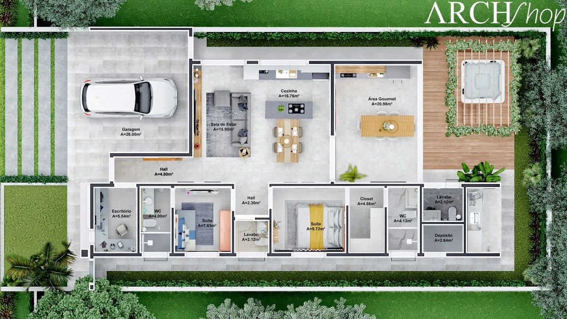 Projeto Térreo Para Terreno 12x25 Com 2 Suítes e Área Gourmet