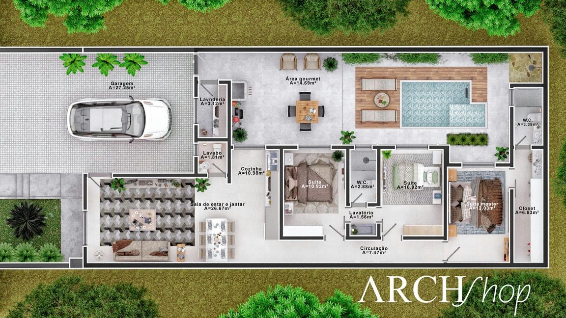 Projeto de Casa Térrea Com 3 Suítes e Área Gourmet 