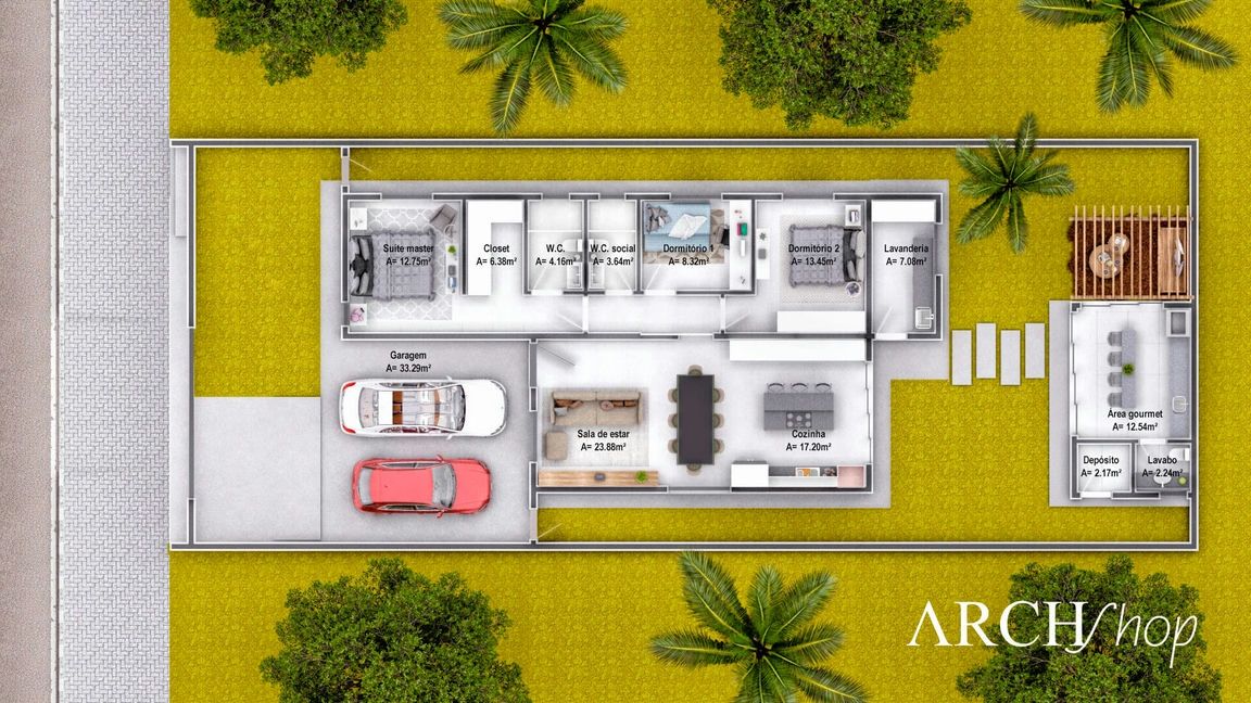 Projeto de Casa Térrea Com 3 Quartos e Área Gourmet