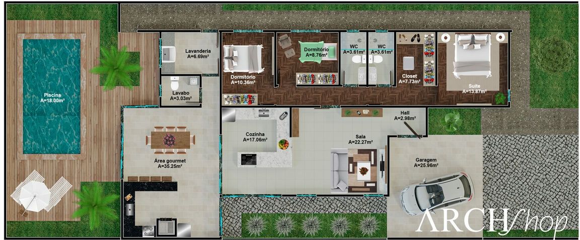 Projeto de Casa Com 3 Quartos e Telhado Aparente 