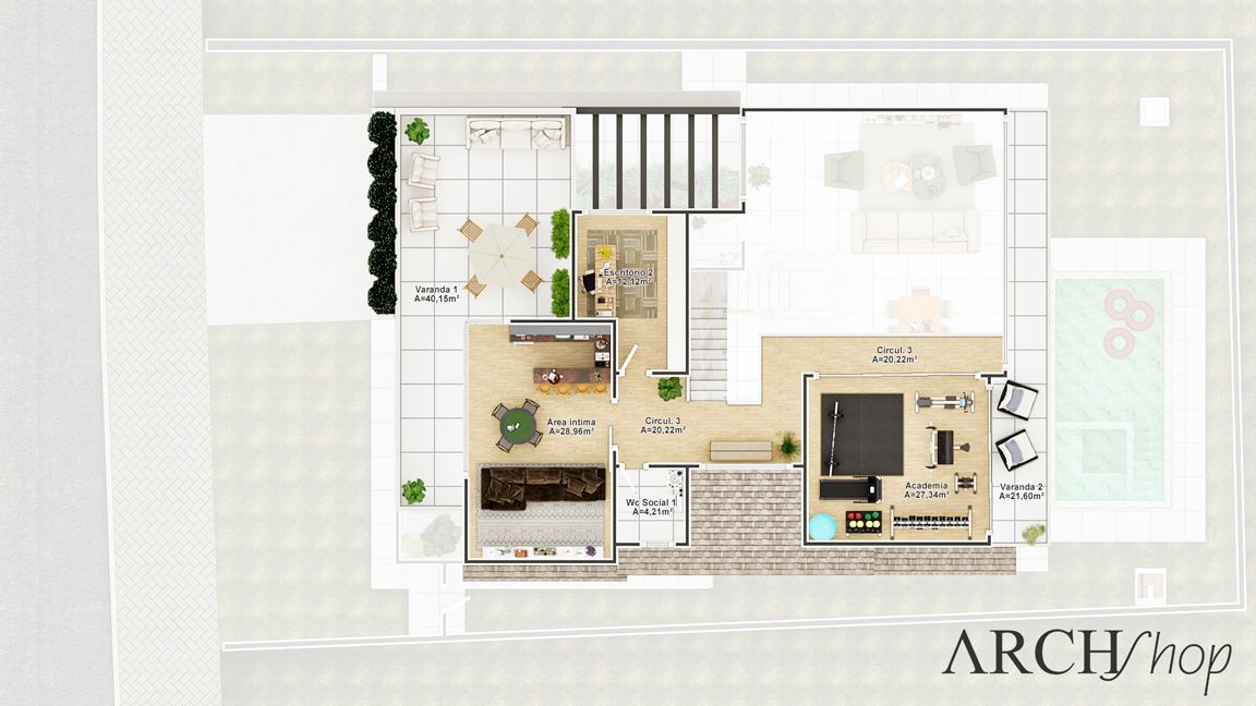 Planta de casa moderna com telhado aparente