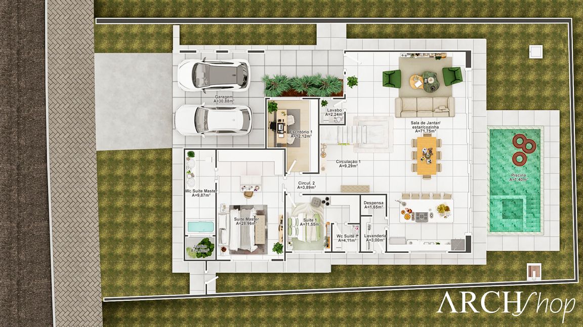 Planta de casa moderna com telhado aparente