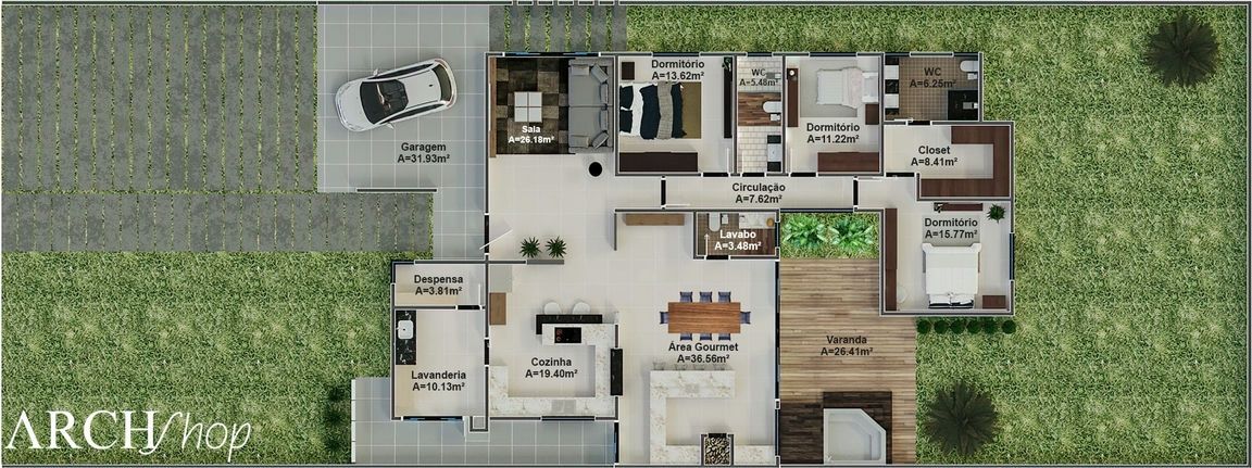 Planta de Casa Térrea com Conceito Aberto, 3 quartos e Área Gourmet 