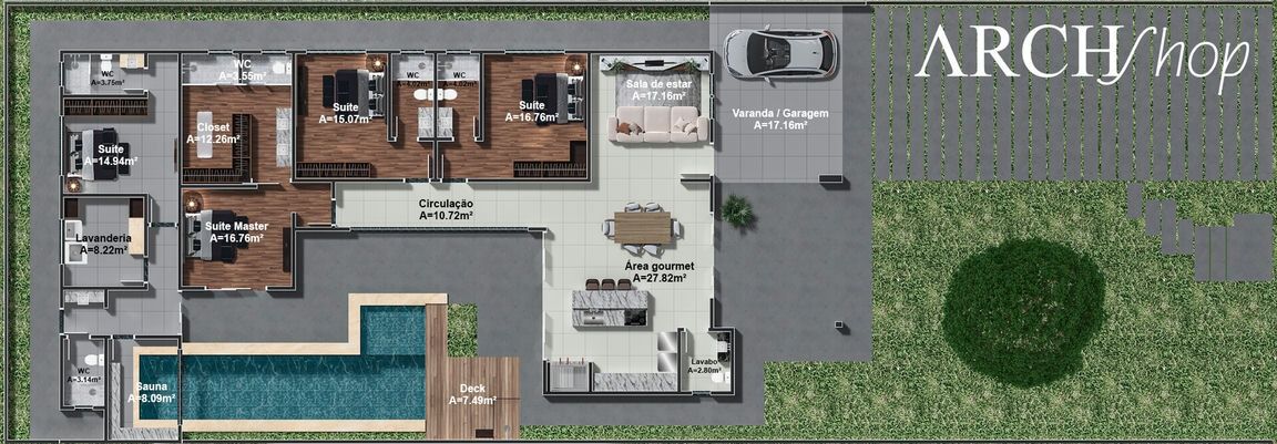 Planta de Casa Com Piscina, Sauna, 4 Suítes e Área Gourmet 