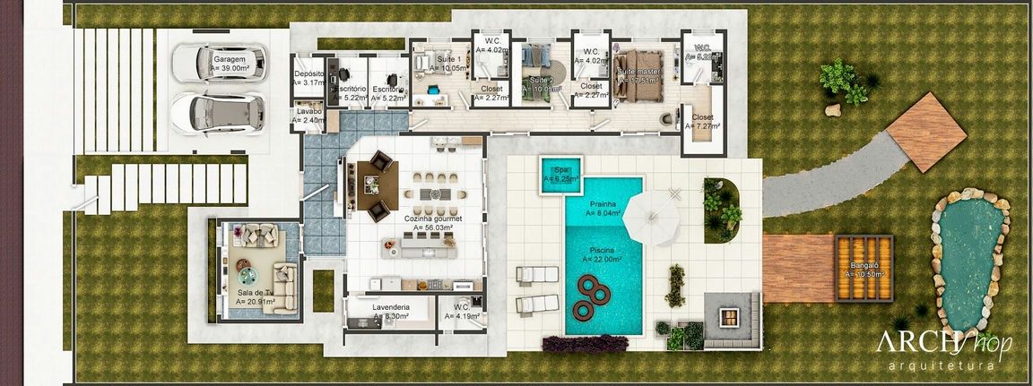 Projeto de Casa Térrea Com 3 Suítes e Ambientes Integrados