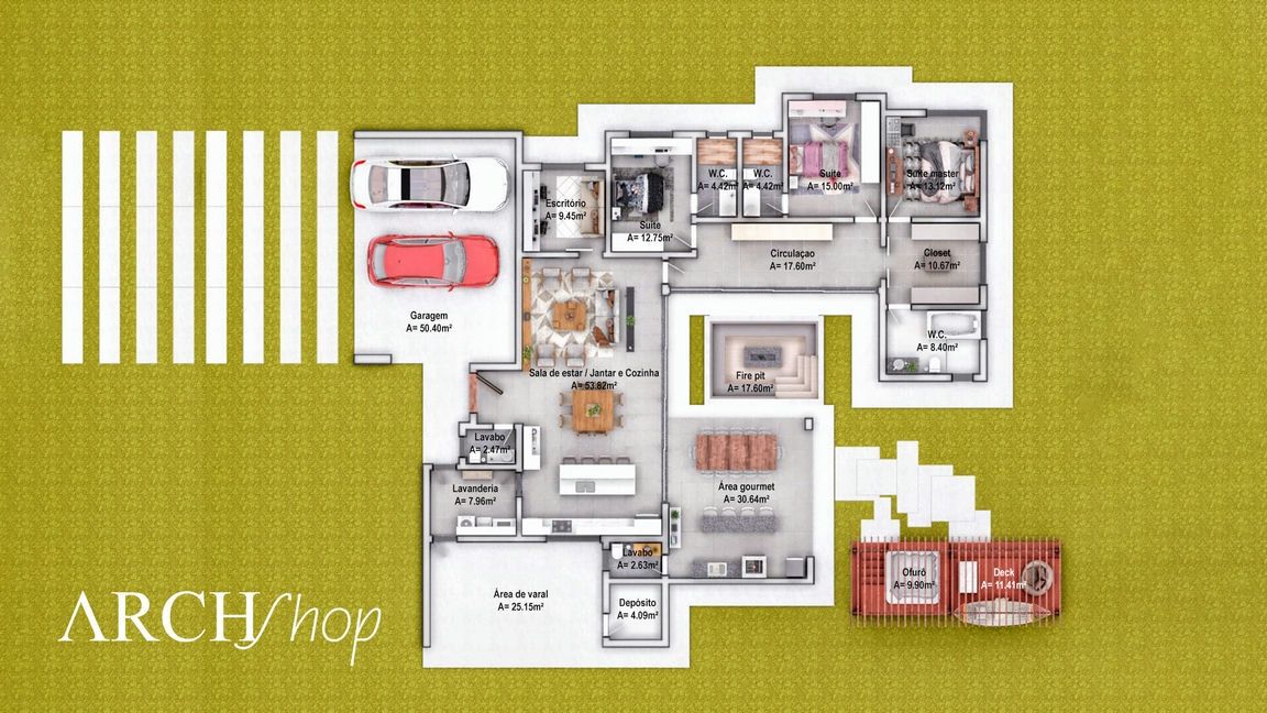 Projeto de Casa Térrea Com 3 Suítes, Fogo de Chão e Área de Descanso