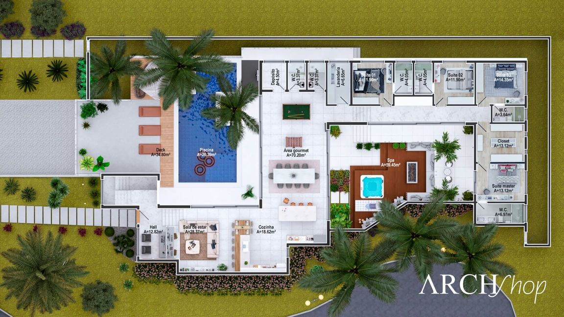 Planta de Casa Com 4 Suítes, Spa e Fogo de Chão