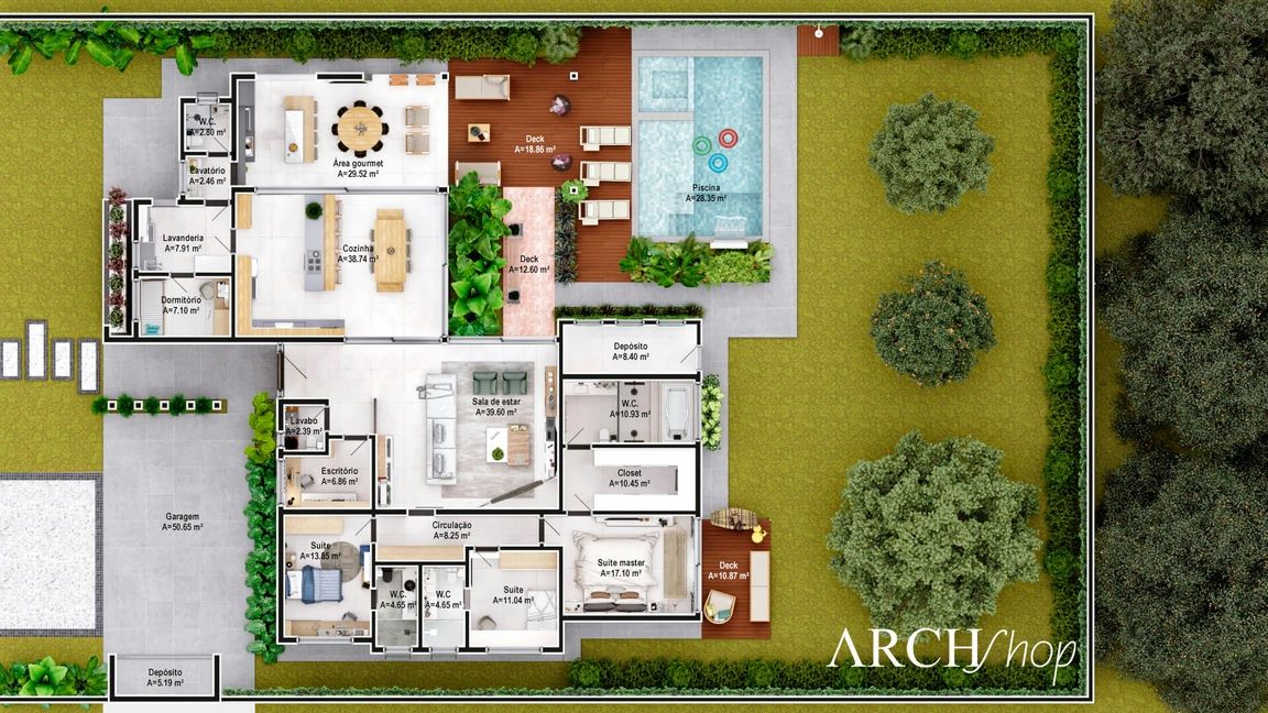 Planta de Casa Térrea Com 4 Suítes, Área Gourmet e Piscina