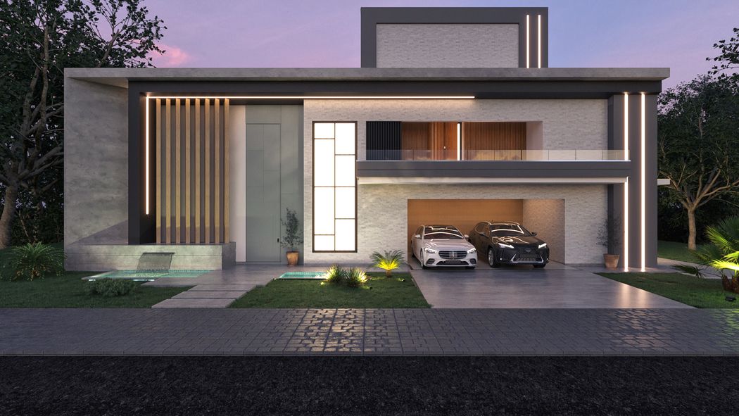 Projeto de casa alto padrão com l, area gourmet integrada e cinema privado