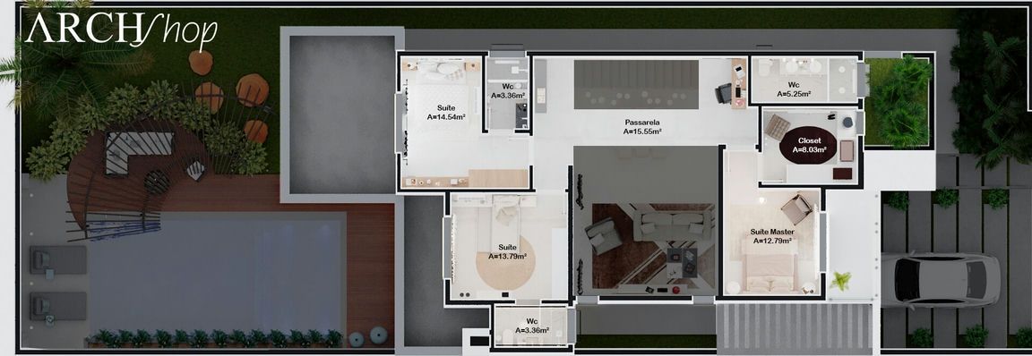 Planta de casa sobrado 12x35 com 3 suítes e quarto térreo