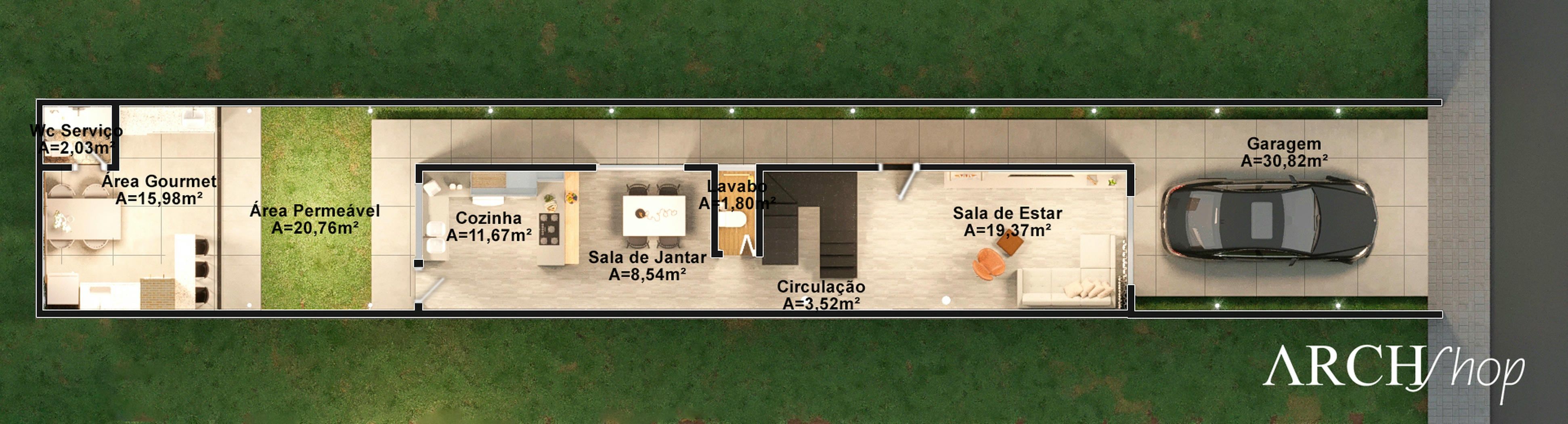 Planta humanizada do pavimento térreo de sobrado