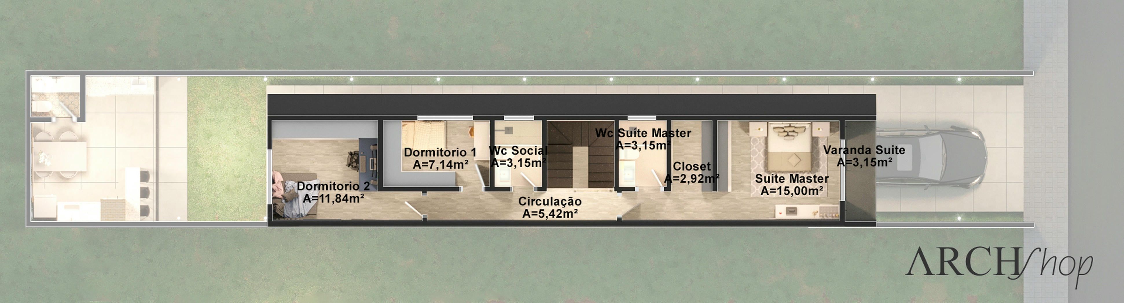 Planta humanizada do pavimento superior de sobrado
