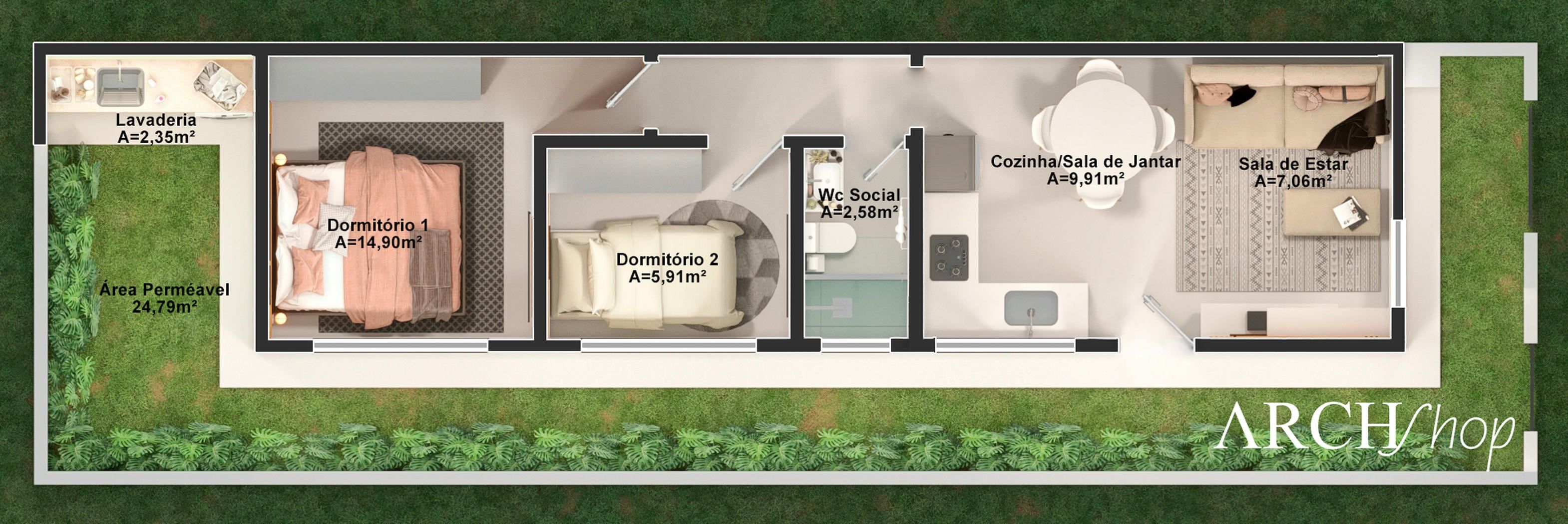 Planta humanizada de casa térrea compacta