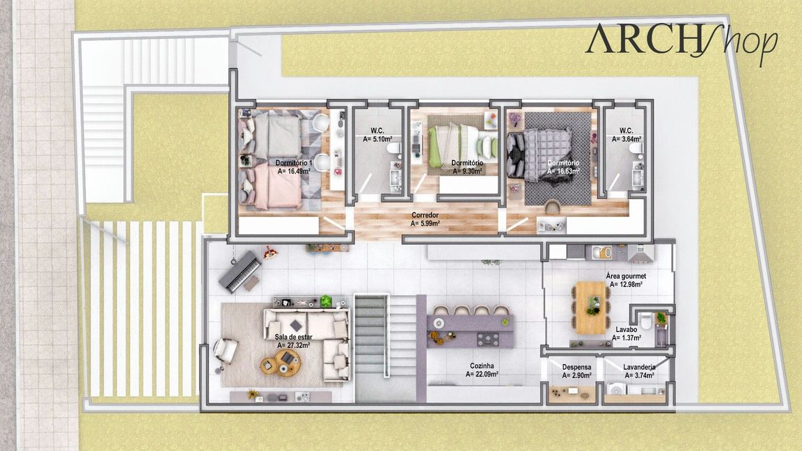 Planta baixa para aclive com 3 quartos