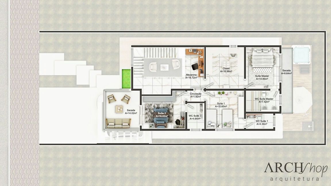 Planta de casa sobrado 12x30 com 3 suítes e spa