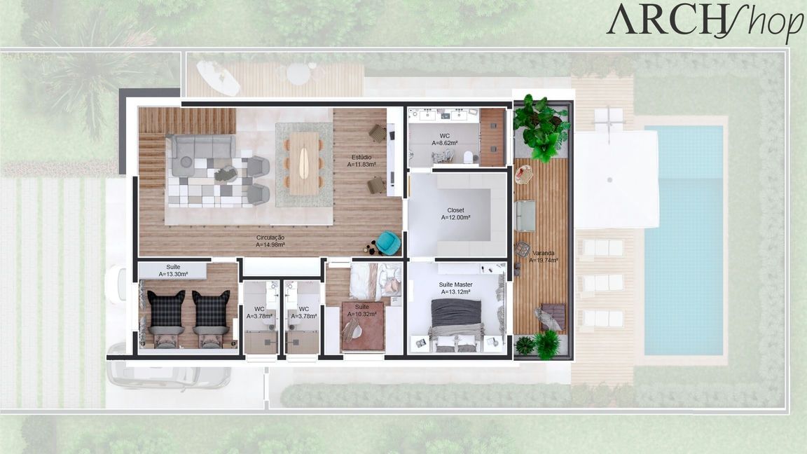 Planta sobrado 14x30 com 3 suítes