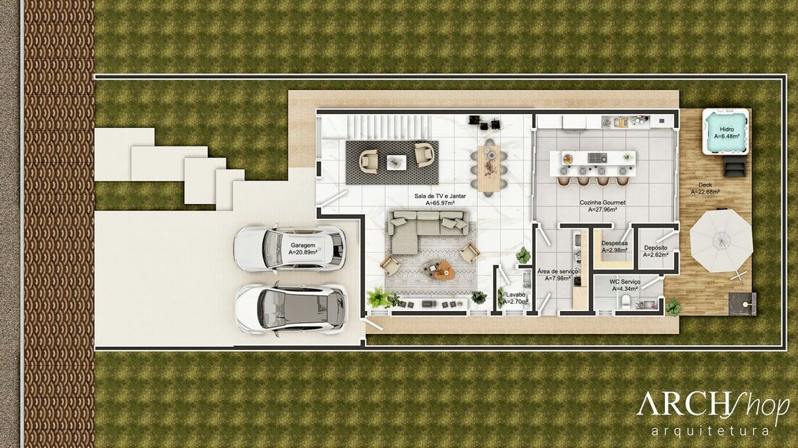 Planta de casa sobrado 12x30 com 3 suítes e spa