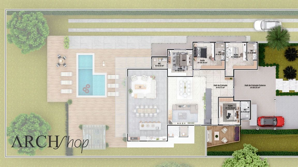 Planta de casa para declive com 5 suítes e gourmet completo