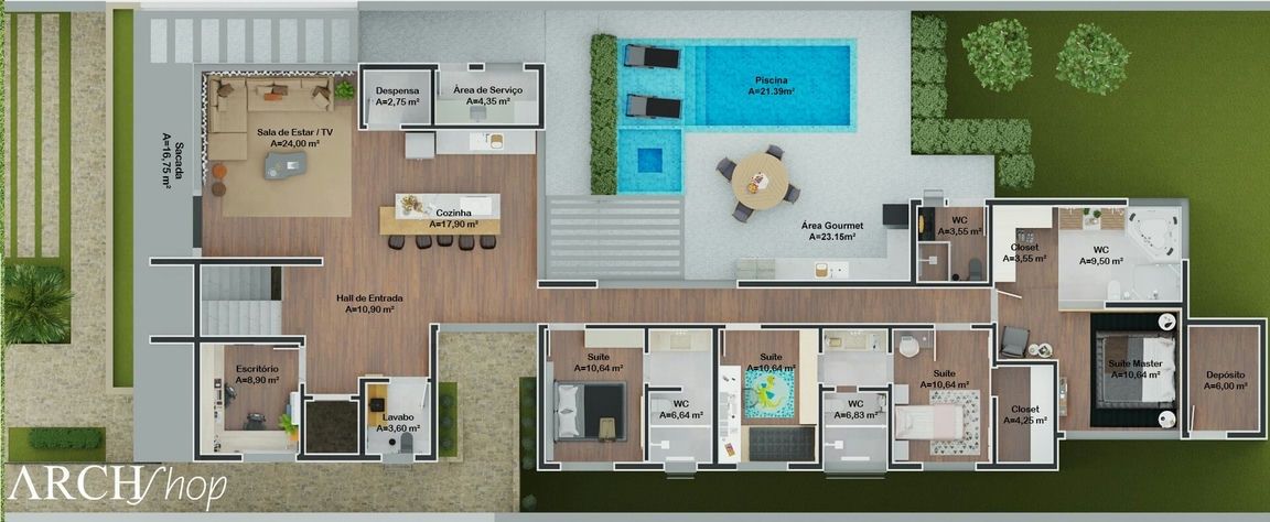 Planta de casa em L com 4 suítes e escritório