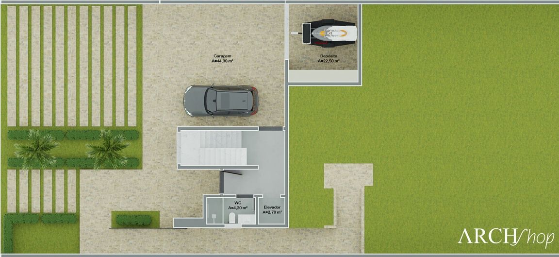 Planta de casa em L com 4 suítes e escritório