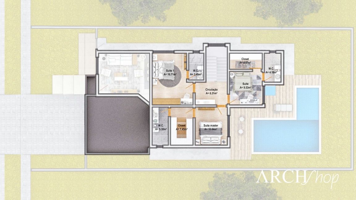 Planta de sobrado com 3 suites e area gourmet