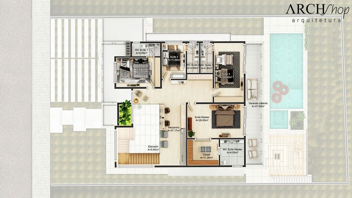 Planta de casa para terreno 20x35 com cozinha gourmet e 4 suítes