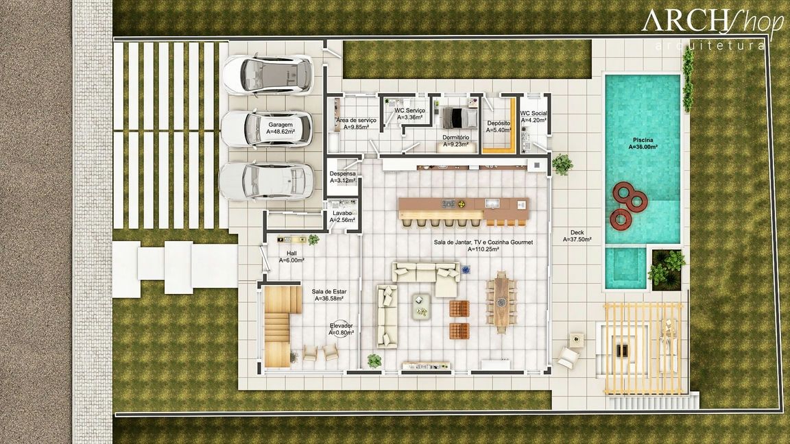 Planta de casa para terreno 20x35 com cozinha gourmet e 4 suítes