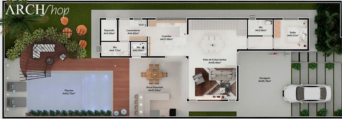 Planta de casa sobrado 12x35 com 3 suítes e quarto térreo