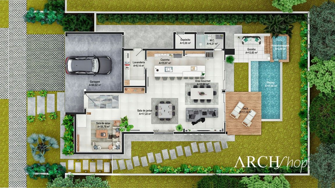 Projeto arquitetonico conceito aberto sobrado com suíte e 2 quartos